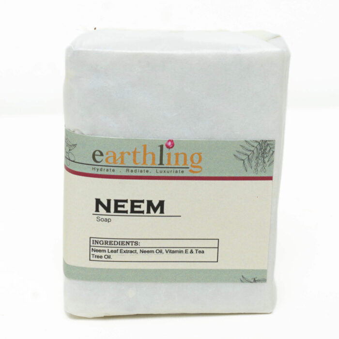 00% Pure Neem Soap in packaging, highlighting its antibacterial and anti-fungal properties, deep cleansing action, and benefits for preventing acne and promoting healthy skin.